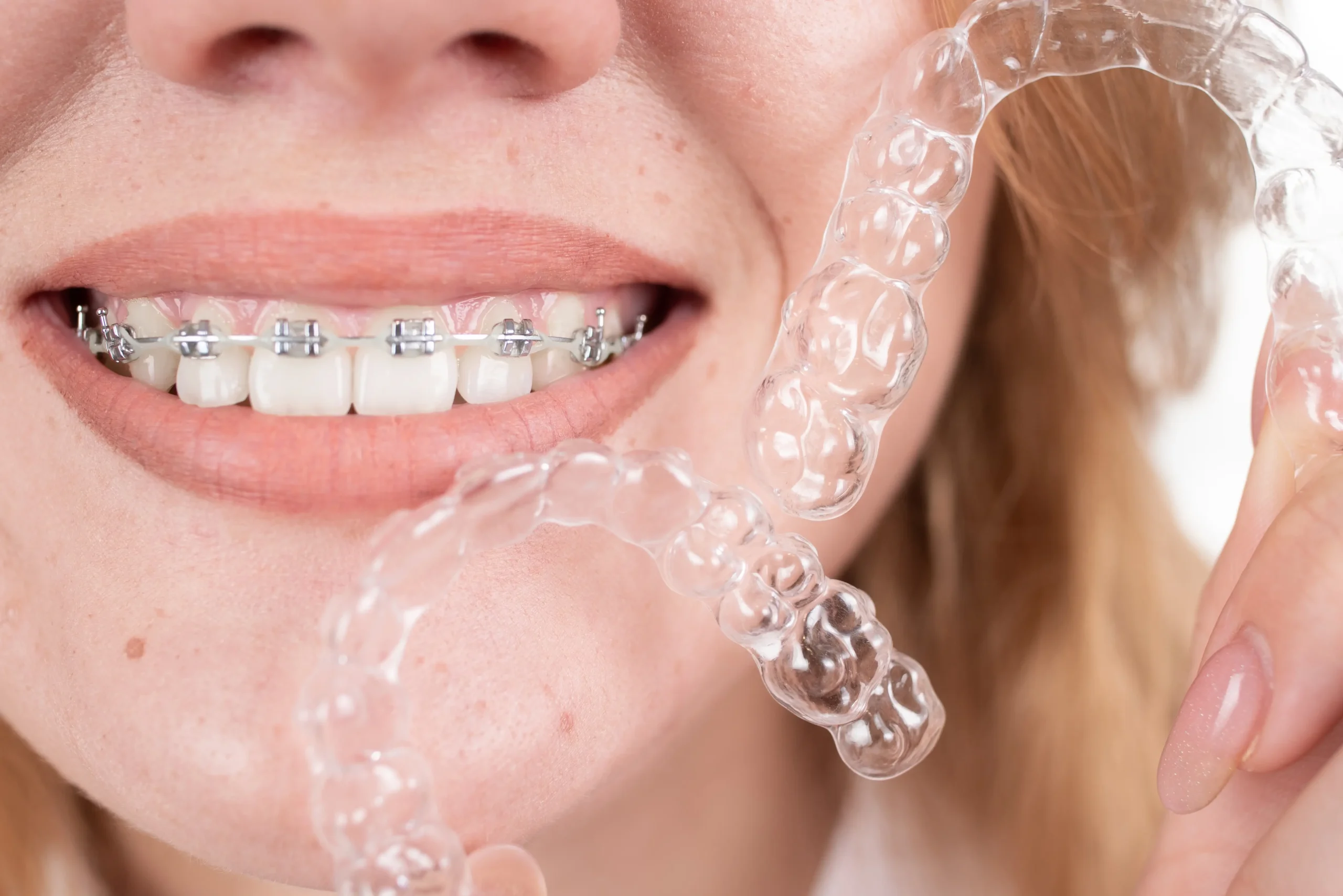 Mujer con brackets metálicos sosteniendo alineadores transparentes para comparar ambas opciones de ortodoncia